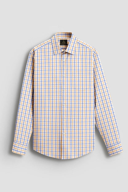 White with Buttercup Yellow and Lichen Blue Checks Premium Cotton Shirt