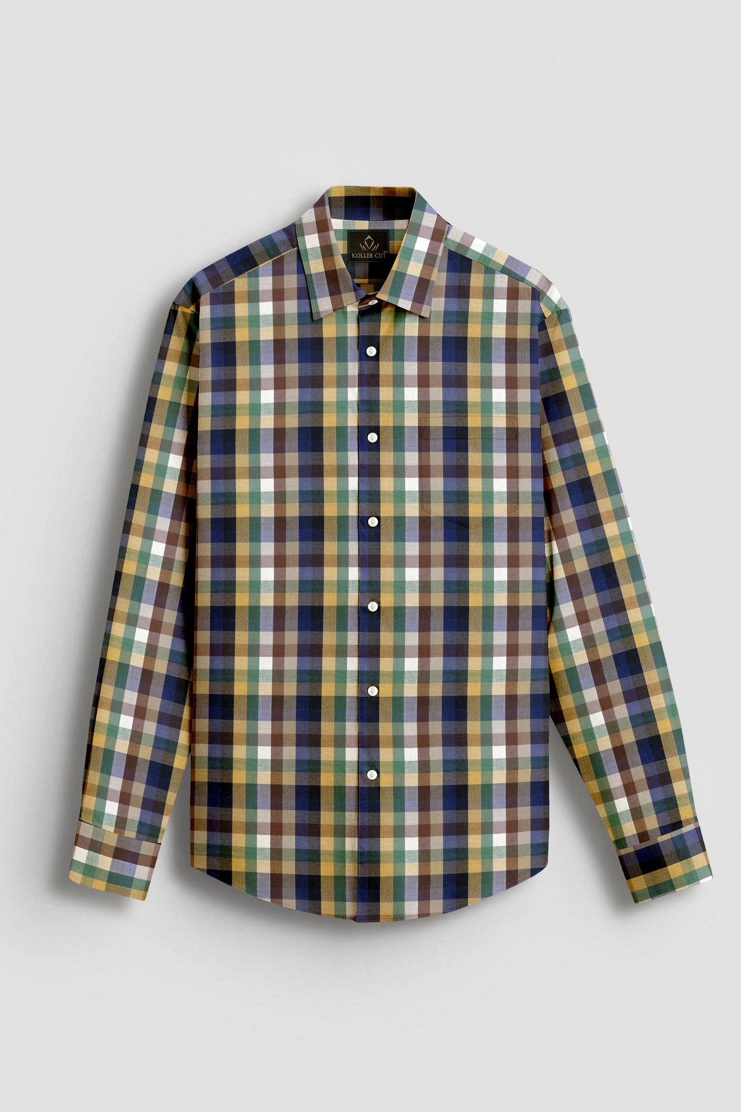 Rattan Yellow with Nutmeg Brown and Thyme Green Multicolored Tartan Checks Premium Cotton Shirt