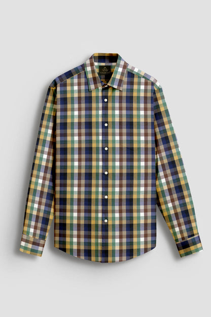 Rattan Yellow with Nutmeg Brown and Thyme Green Multicolored Tartan Checks Premium Cotton Shirt
