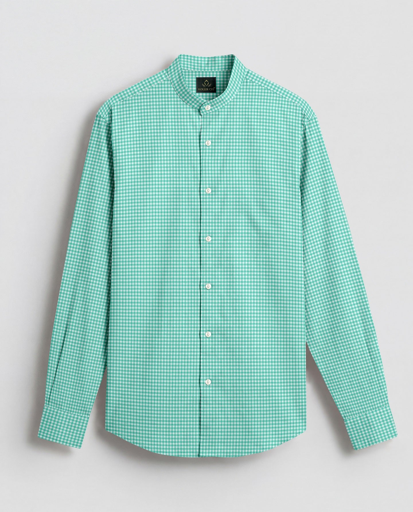 White and Aruba Blue Gingham Checks Mandarin collar Cotton Shirt