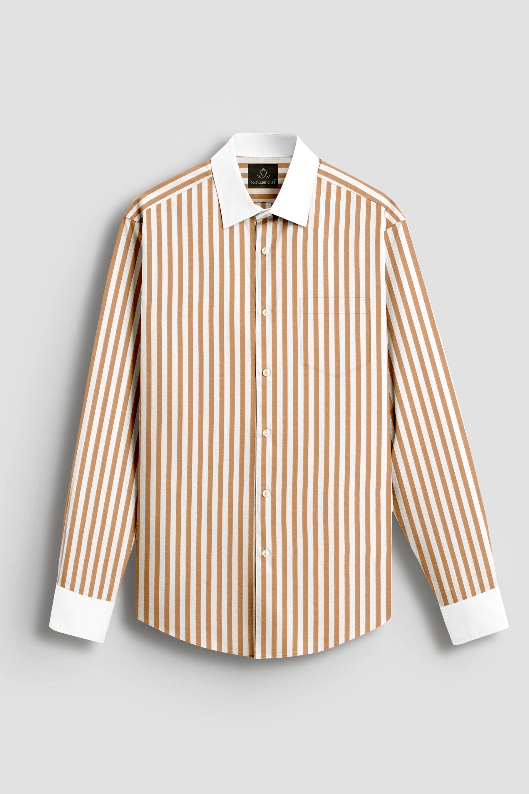 Wheat Brown and Milk White Stripes Oxford Structured Designer Cotton Shirt