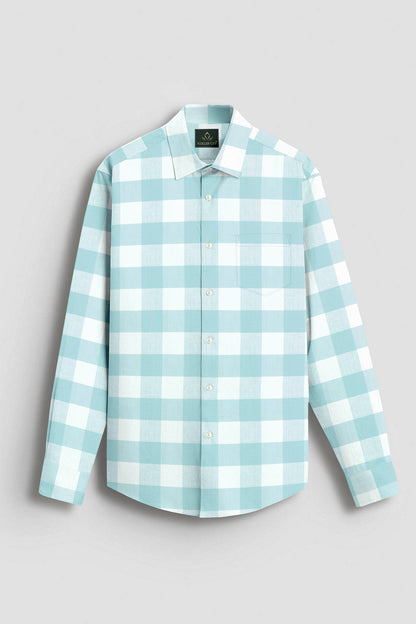 White and Turquoise Blue Buffalo Chekcs Oxford Cotton Shirt