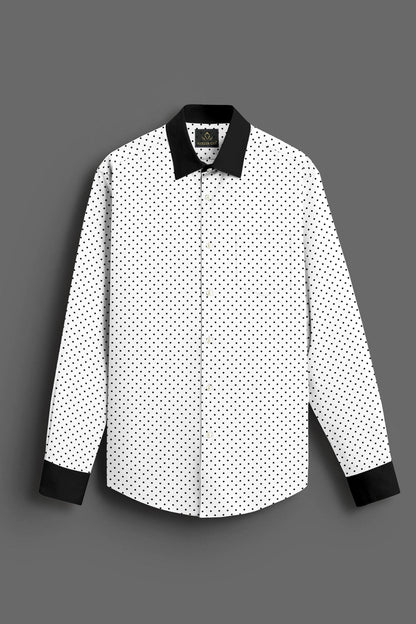 Milk White and Jet Black Polka Dots Printed Designer Cotton Shirt