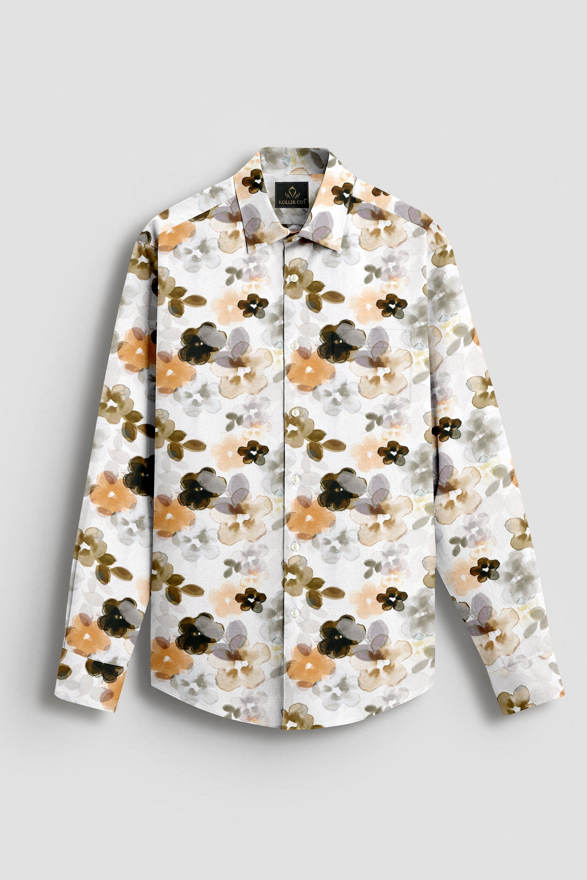 Bright White With Lark Yellow and Kombu Green Hibiscus Flowers Printed Cotton Linen Shirt