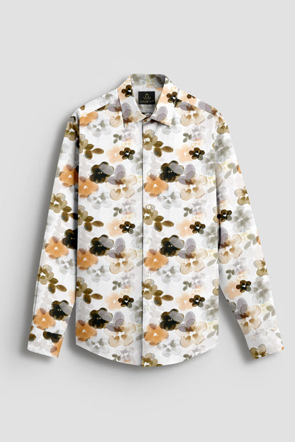 Bright White With Lark Yellow and Kombu Green Hibiscus Flowers Printed Cotton Linen Shirt