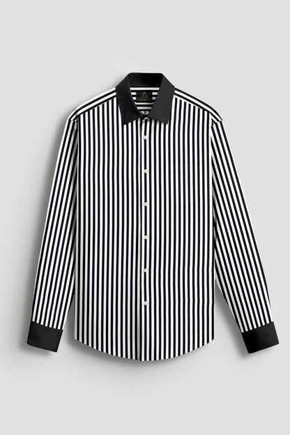 Jet Black and White Candy Stripes Designer Cotton Shirt