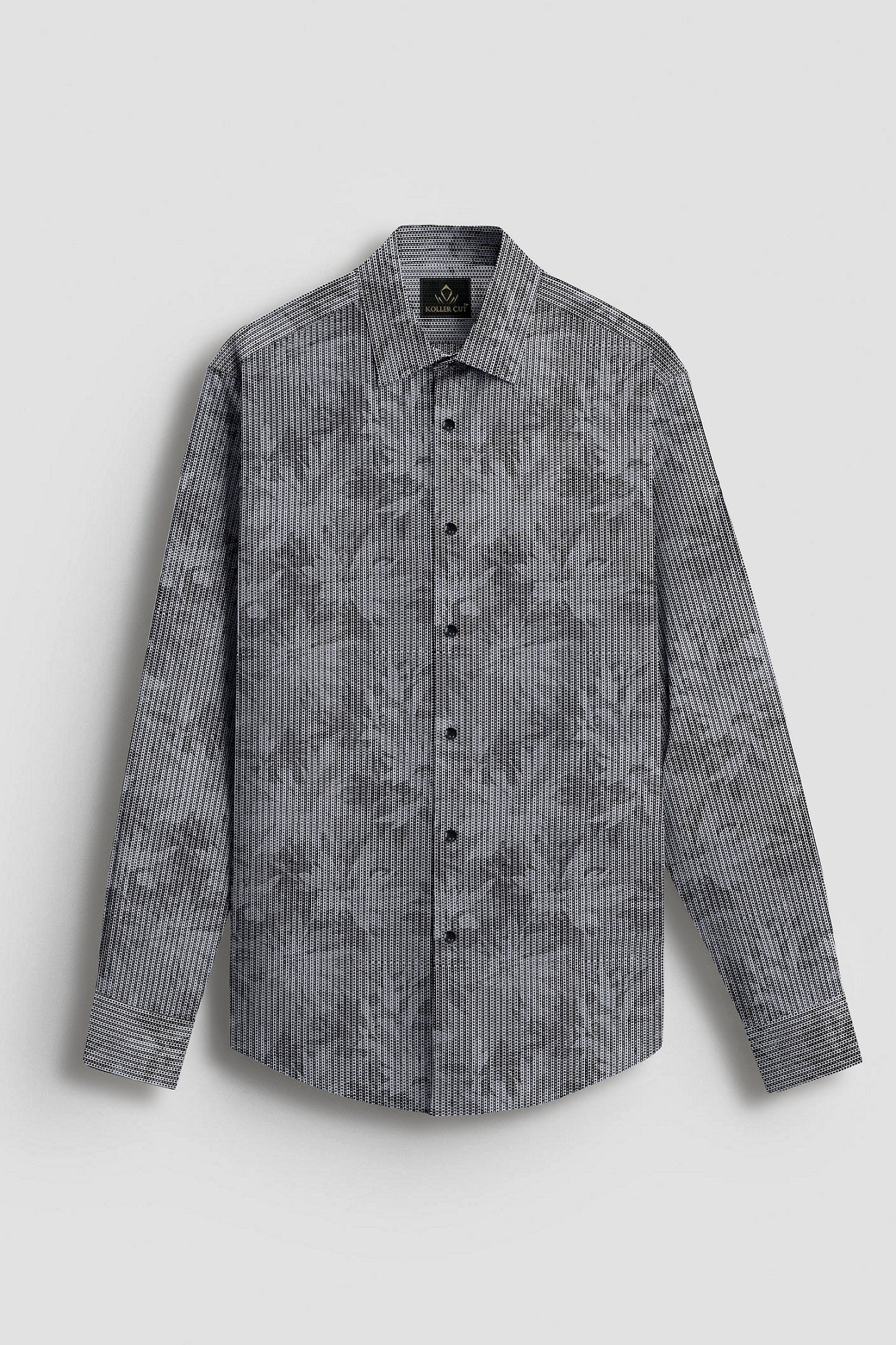 Sable Black and Slate Grey Maple Leaf Printed Broken Stripes Cotton Shirt