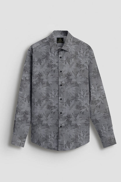 Sable Black and Slate Grey Maple Leaf Printed Broken Stripes Cotton Shirt