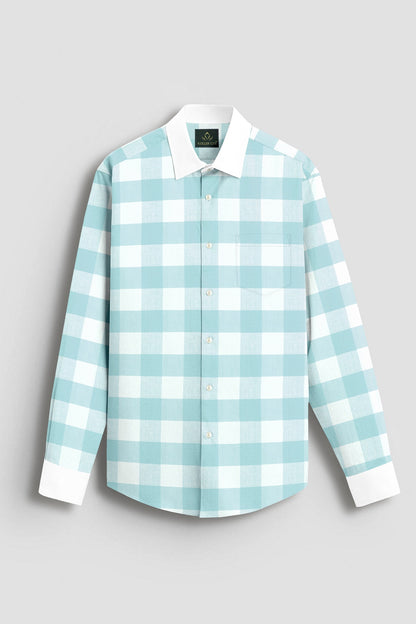 White and Turquoise Blue Buffalo Chekcs Oxford Designer Cotton Shirt