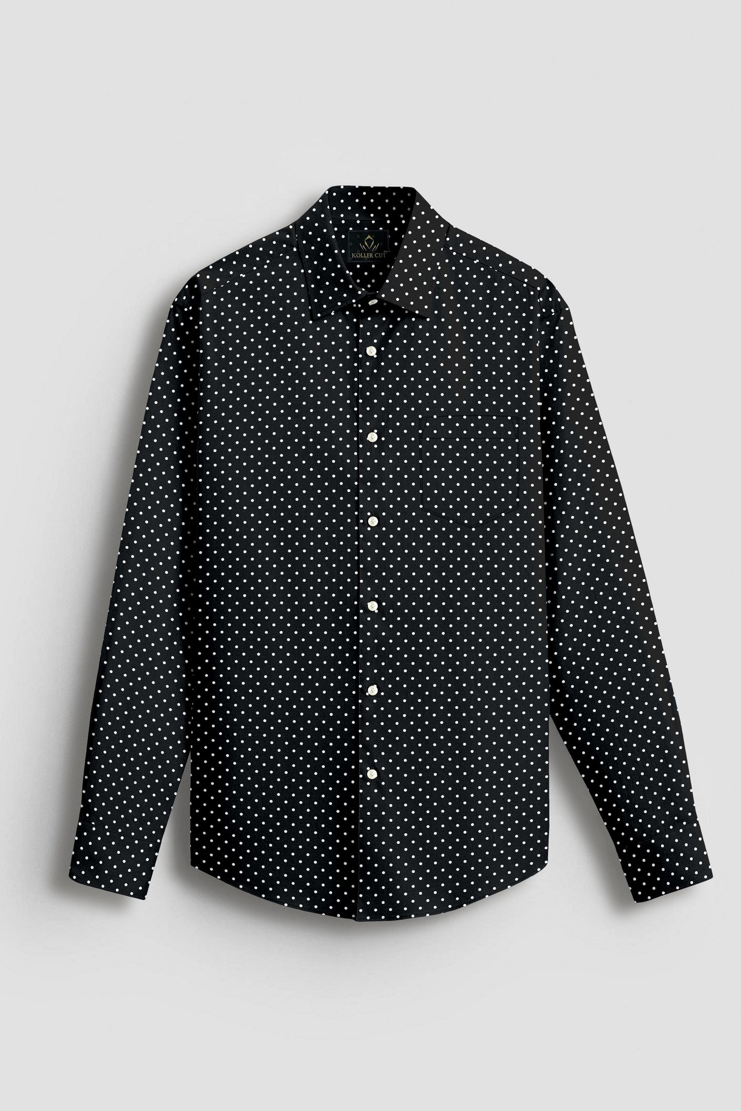 Carbon Black and White Polka Dots Printed Cotton Shirt