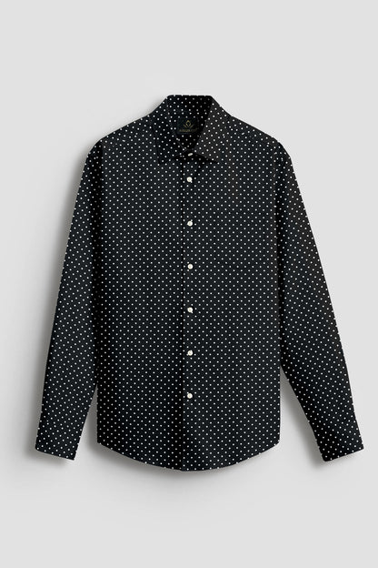 Carbon Black and White Polka Dots Printed Cotton Shirt