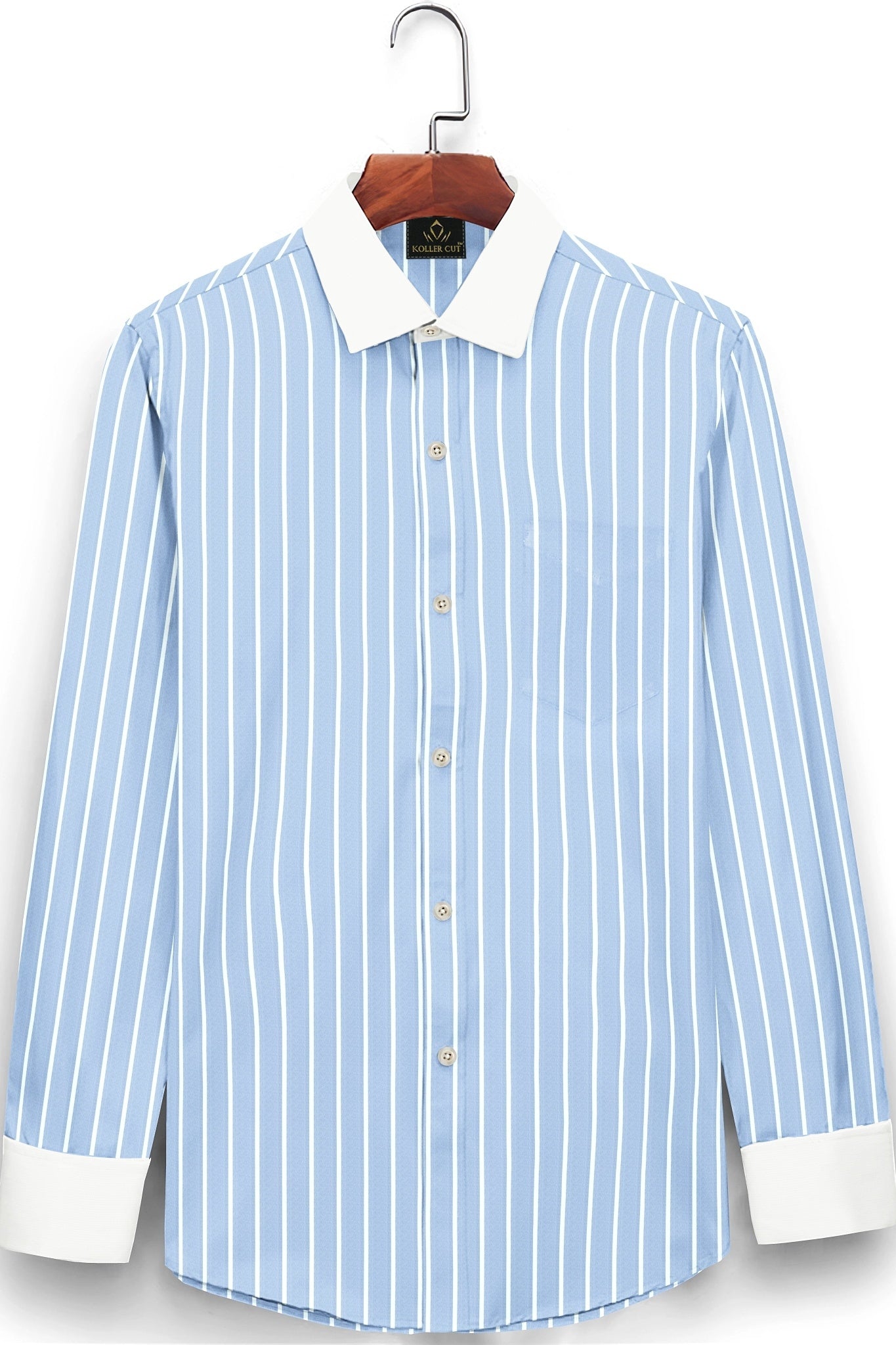 Blizzard Blue and White Wide Pinstripes Designer Cotton Linen Shirt