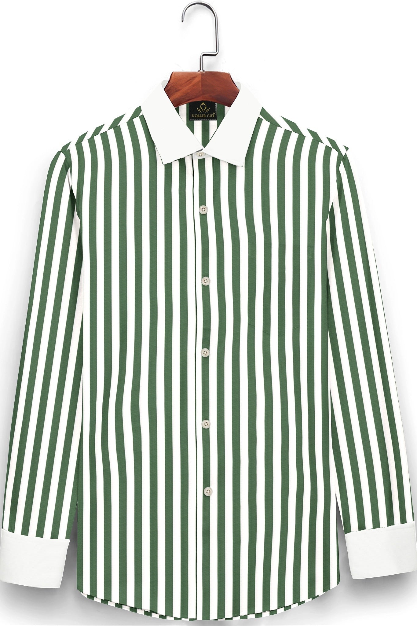 White with Loden Frost Green Candy Stripes Designer Cotton Shirt