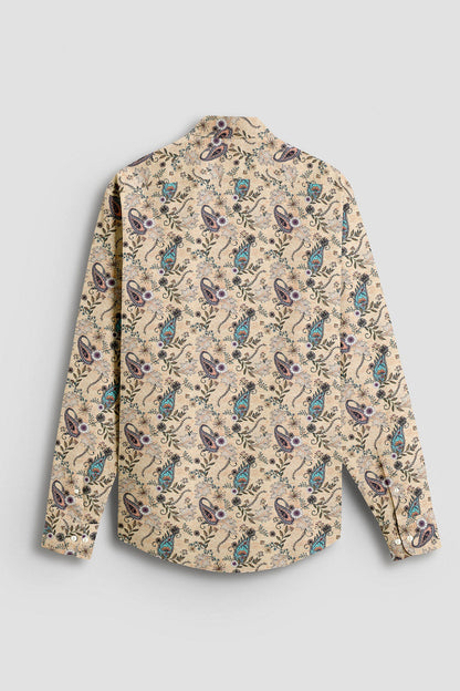 Impala Cream Cyan Blue and Tropical Peach Paisley Patterned Printed Cotton Linen Shirt