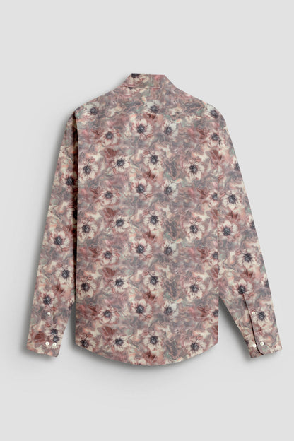 Angora Cream With Pinecone Brown and Aquasky Blue Peonies Flowers Printed Cotton Linen Shirt