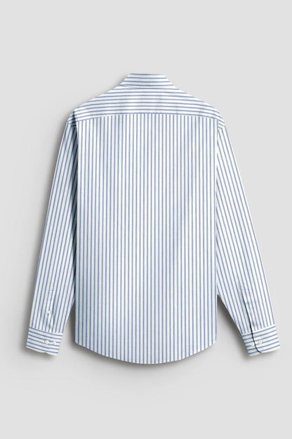Chambray Blue And Snow White Multitrack Stripes Cotton Shirt