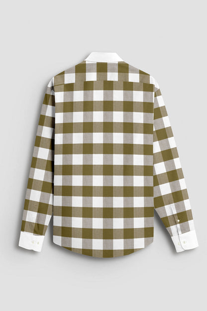 White and Ecru Olive Green Buffalo Checks Designer Cotton Shirt