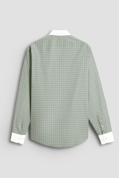 Avocado Green and Snow White Checks Designer Cotton Shirt