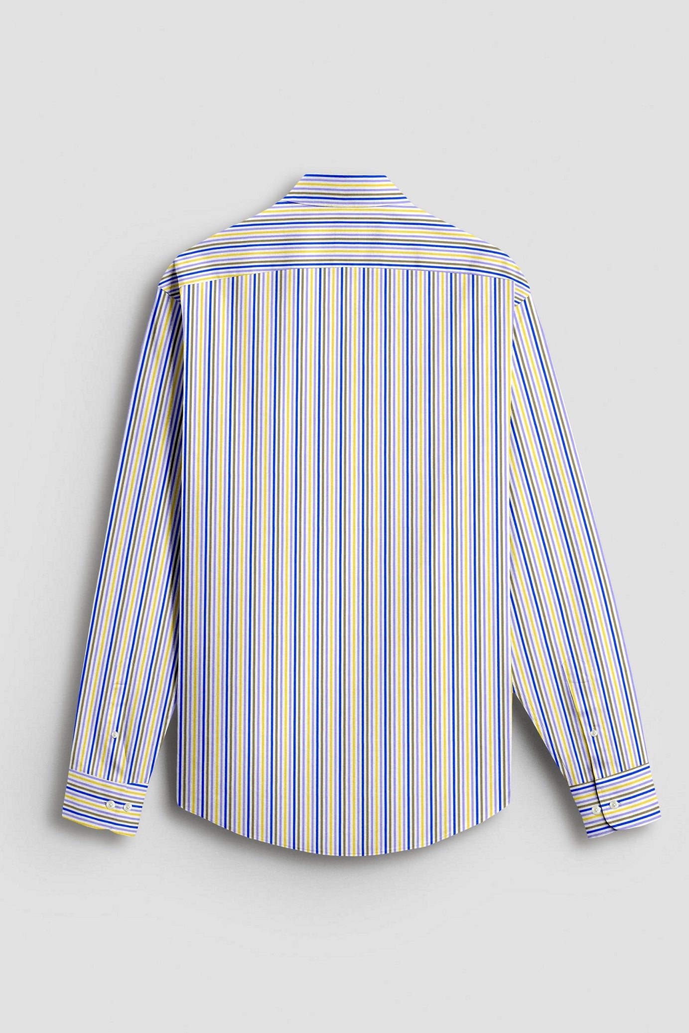 White with Lapis Blue and Lemon Yellow Multicolored Multitrack Stripes Cotton Shirt