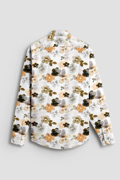 Bright White With Lark Yellow and Kombu Green Hibiscus Flowers Printed Cotton Linen Shirt
