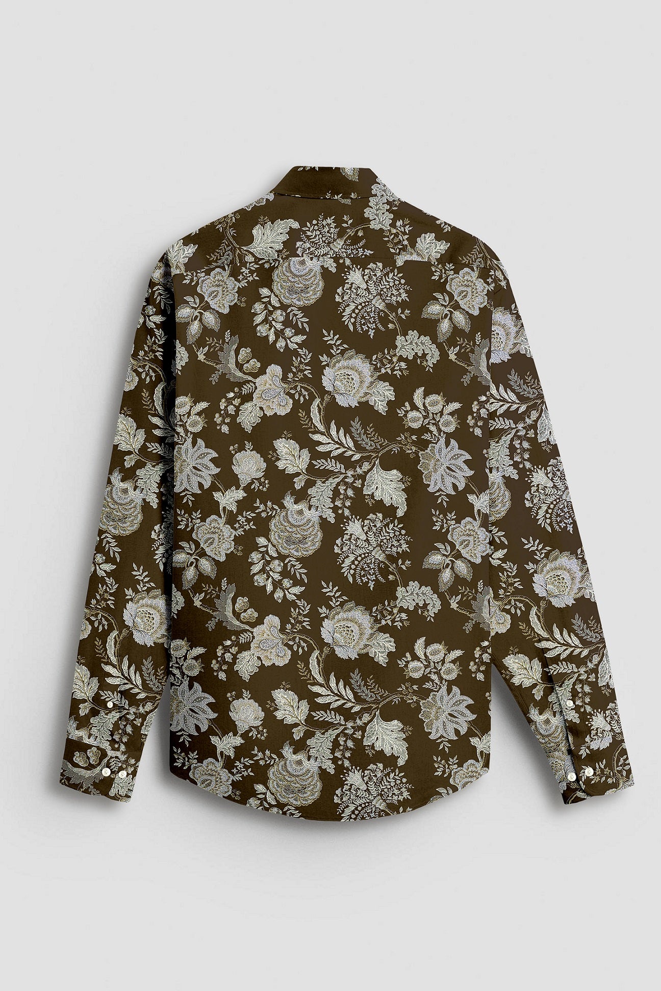 Lizard Brown with Olive Green and Moth Cream Marigold Plant Printed Cotton Shirt
