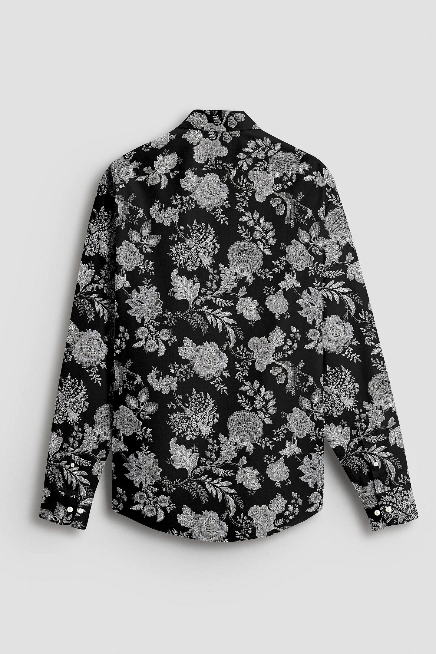 Raven Black with Platinum Grey and Silver Grey Marigold Plant Printed Cotton Shirt