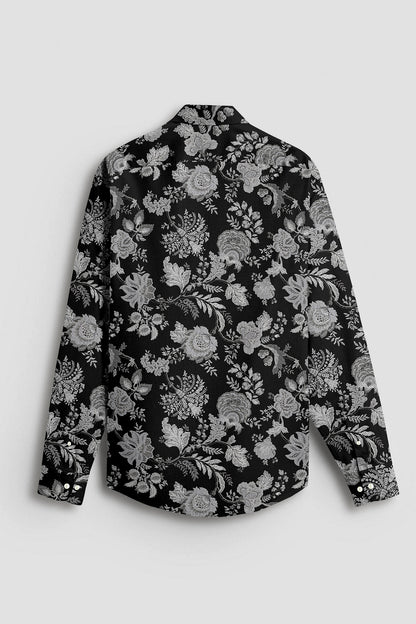 Raven Black with Platinum Grey and Silver Grey Marigold Plant Printed Cotton Shirt