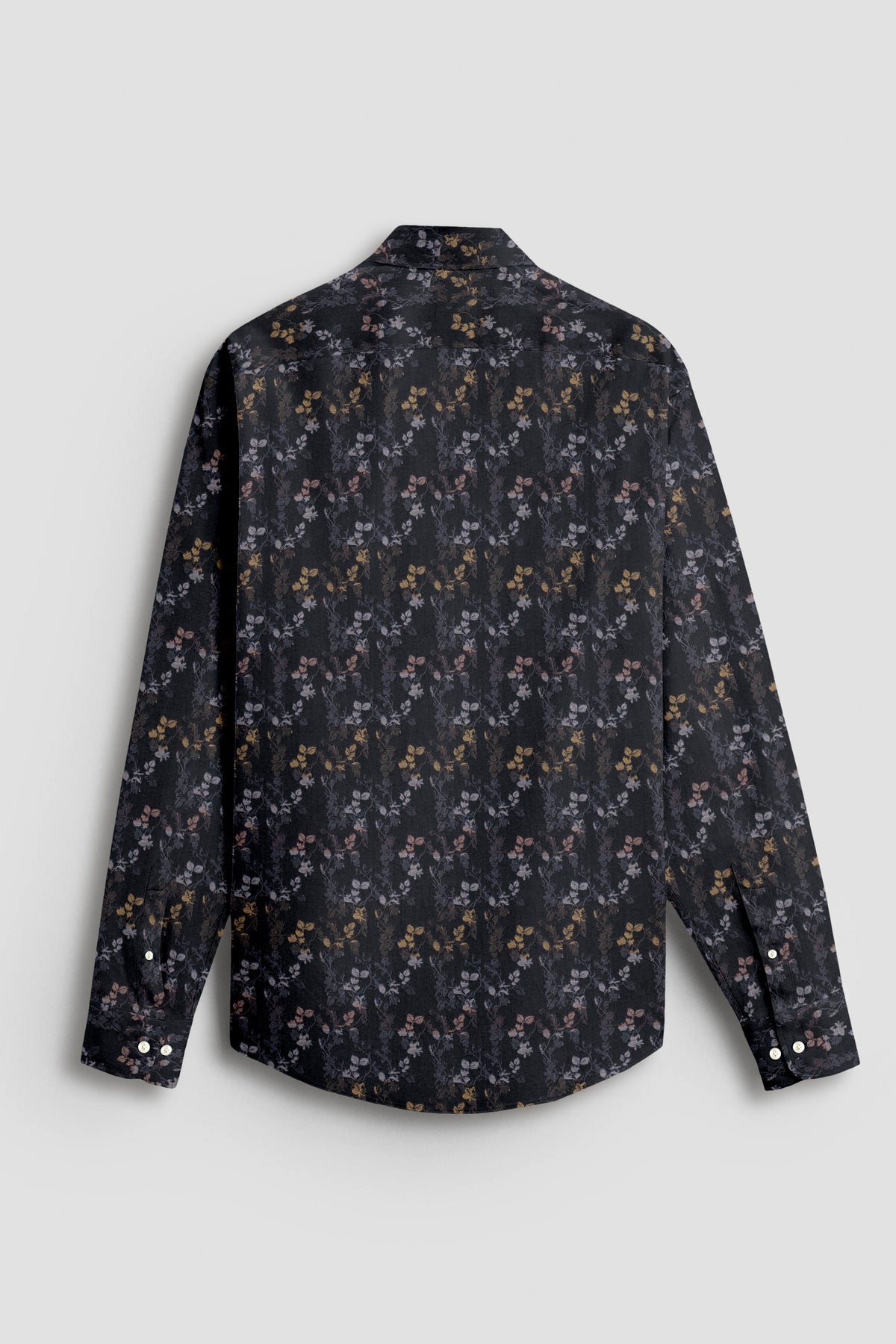 Asphalt Black with Peach Pink and Pale Gold Jacquard Leaf Printed Stripes Cotton Shirt