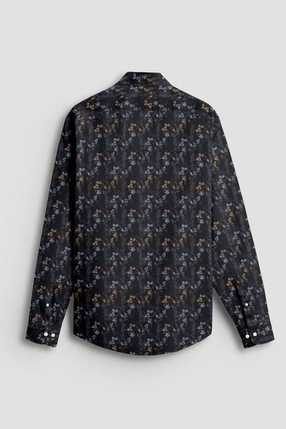 Asphalt Black with Peach Pink and Pale Gold Jacquard Leaf Printed Stripes Cotton Shirt