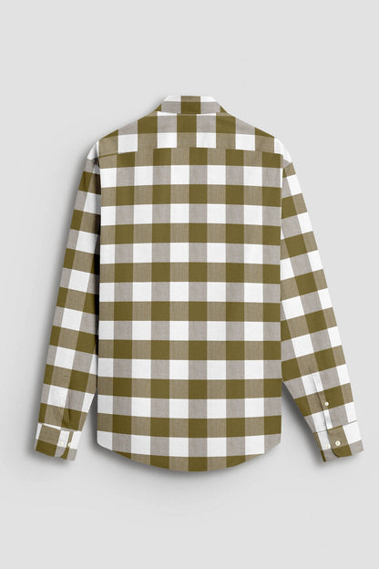 White and Ecru Olive Green Buffalo Checks Cotton Shirt