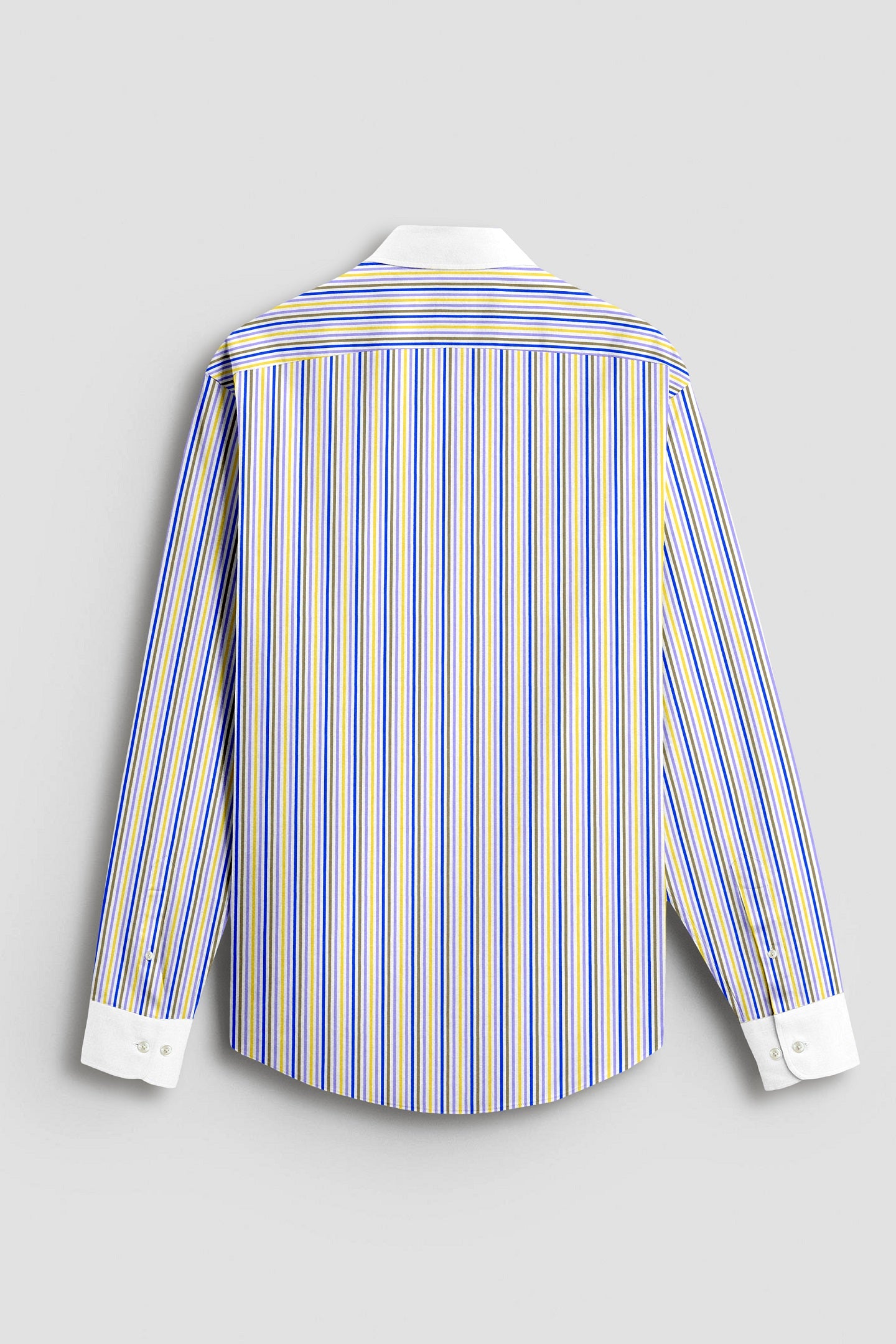 White with Lapis Blue and Lemon Yellow Multicolored Multitrack Stripes Designer Cotton Shirt 