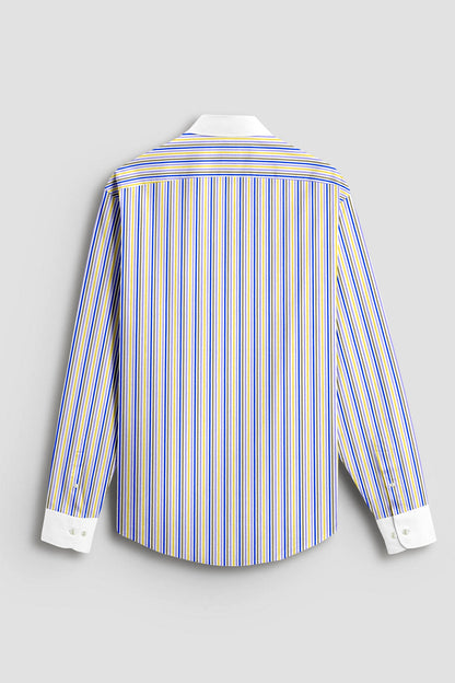 White with Lapis Blue and Lemon Yellow Multicolored Multitrack Stripes Designer Cotton Shirt 