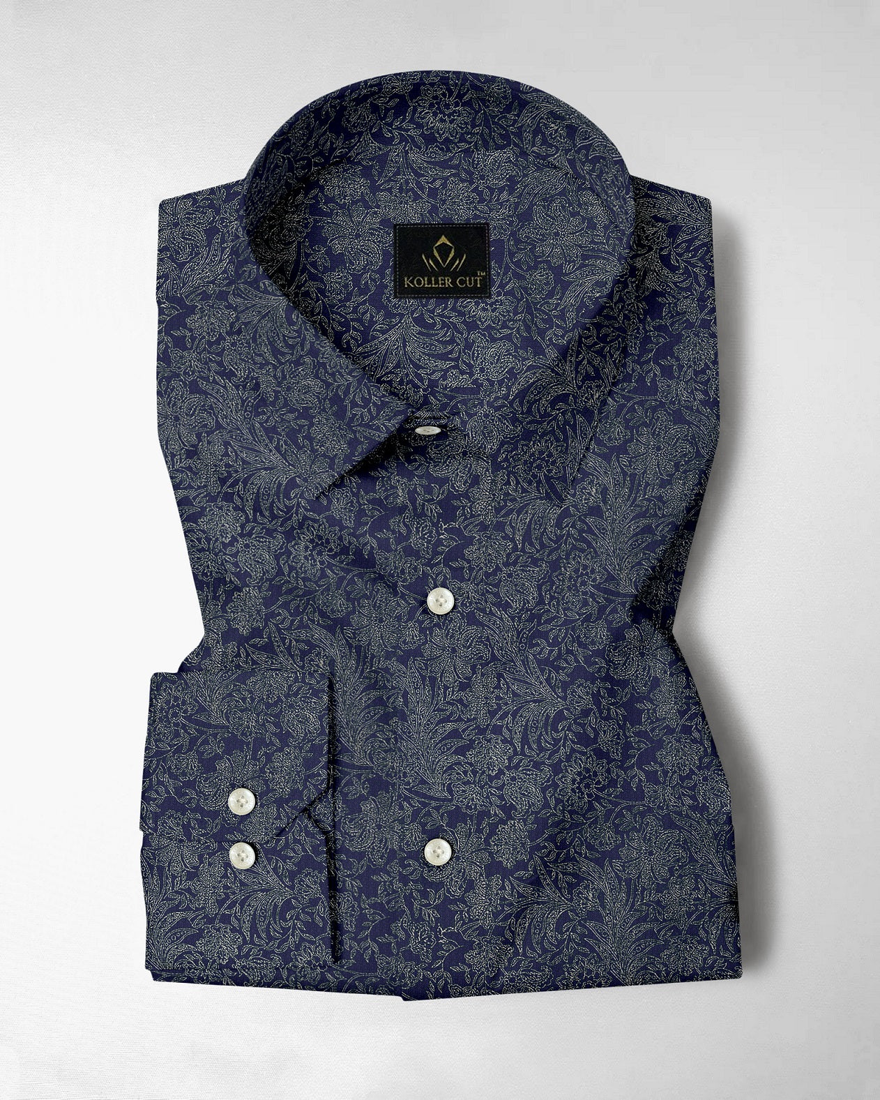 Insignia Blue With Olive Green Vector Flower Printed Cotton Shirt