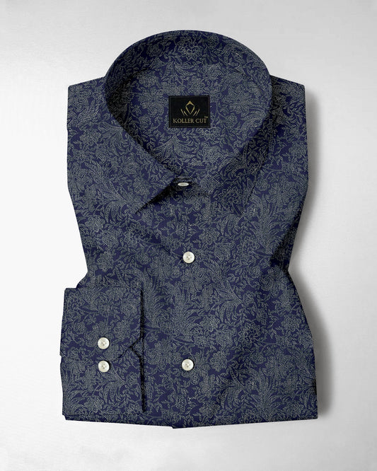 Insignia Blue With Olive Green Vector Flower Printed Cotton Shirt