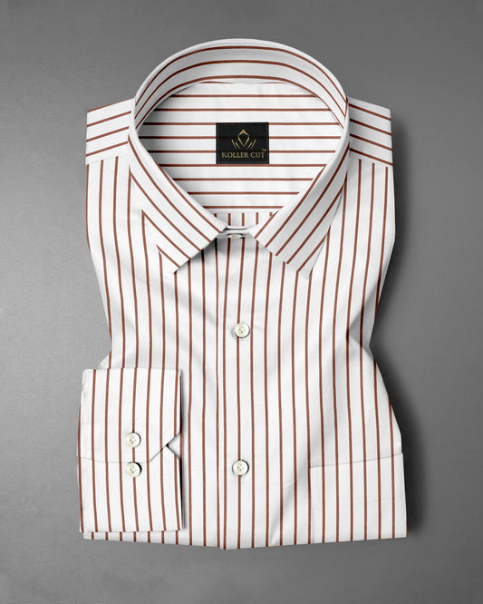 White and Copper Brown Stripes Cotton Shirt