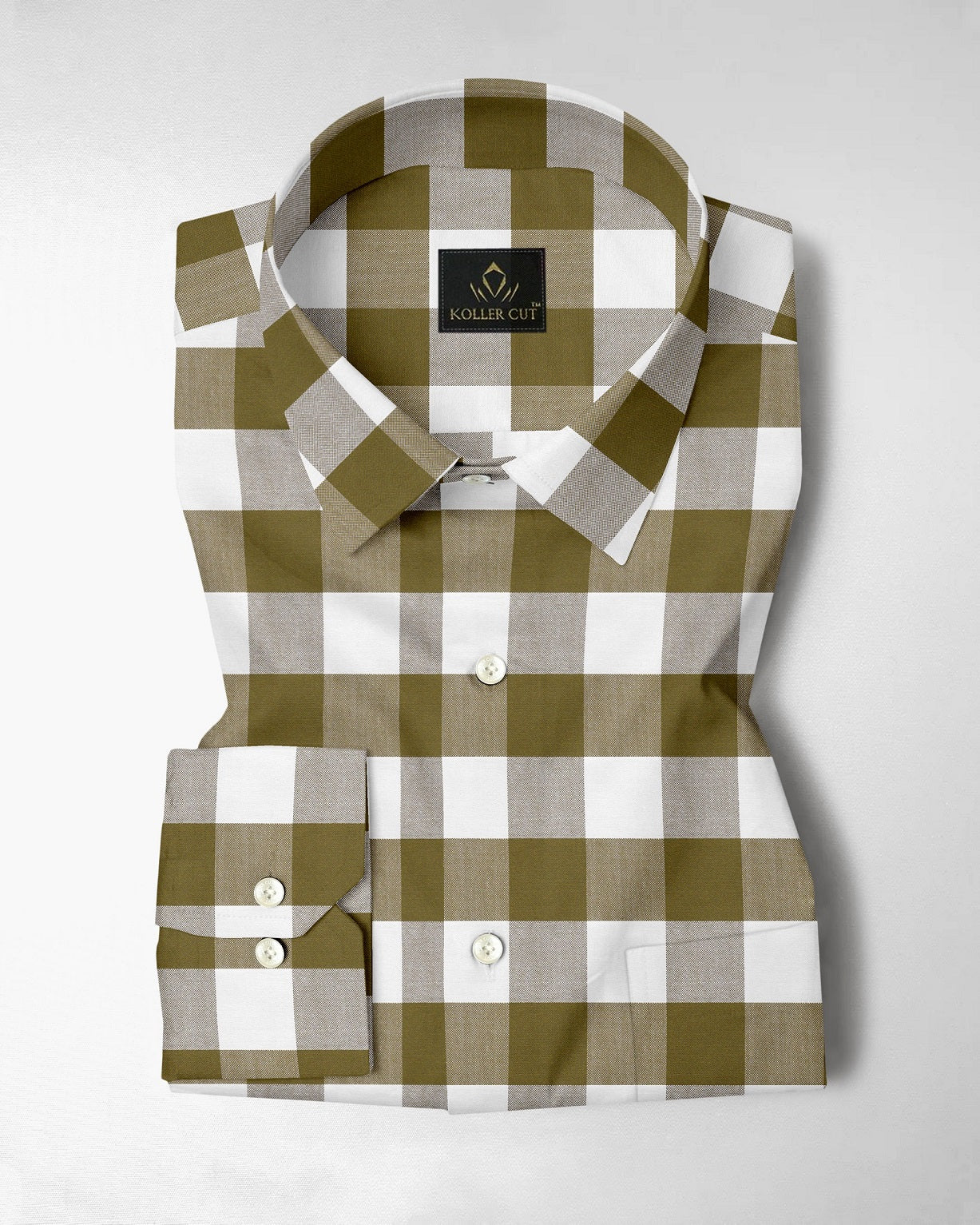 White and Ecru Olive Green Buffalo Checks Cotton Shirt