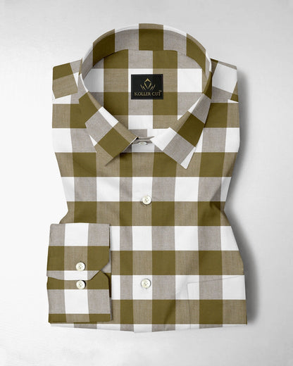 White and Ecru Olive Green Buffalo Checks Cotton Shirt