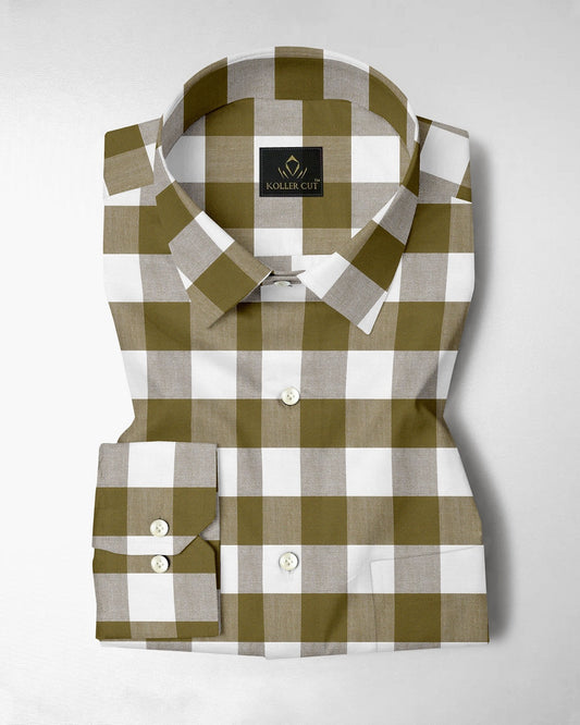 White and Ecru Olive Green Buffalo Checks Cotton Shirt