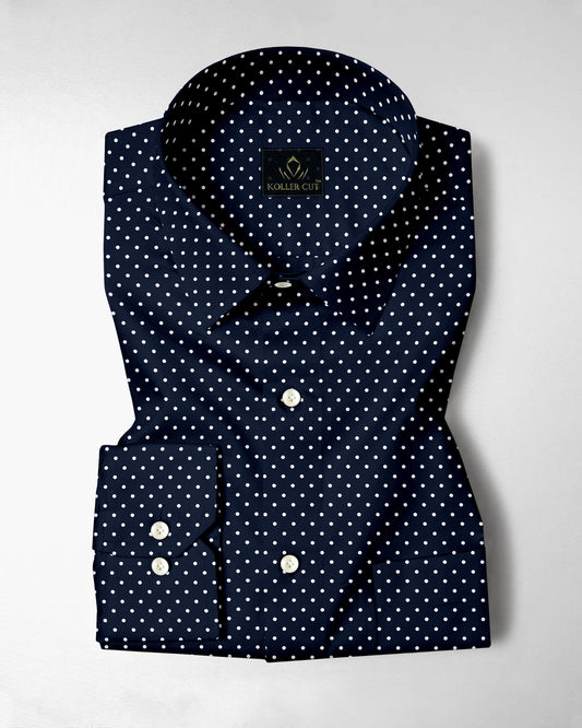 Sodalite Blue and Snow White Polka Dots Printed Cotton Shirt