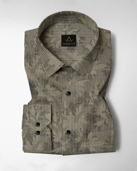 Sable Black and Golden Olive Flower Printed Broken Thread Stripes Cotton Shirt