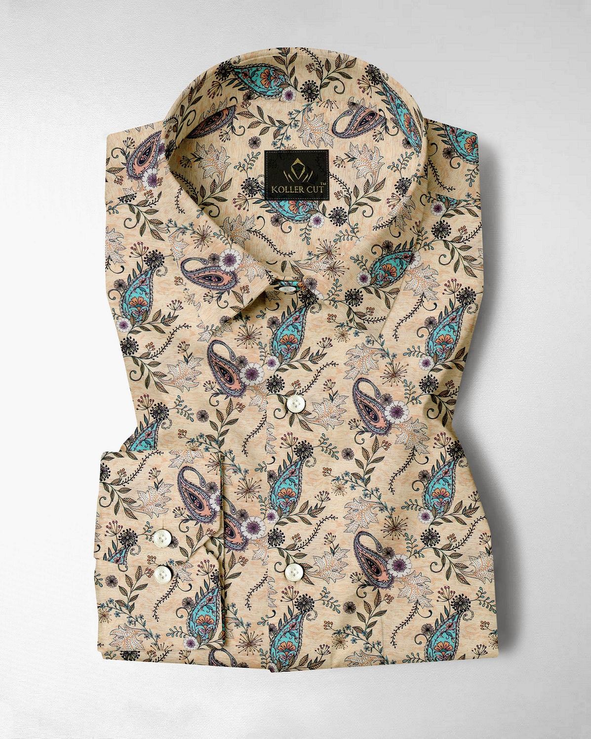 Impala Cream Cyan Blue and Tropical Peach Paisley Patterned Printed Cotton Linen Shirt