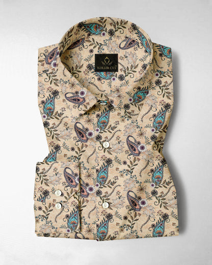 Impala Cream Cyan Blue and Tropical Peach Paisley Patterned Printed Cotton Linen Shirt