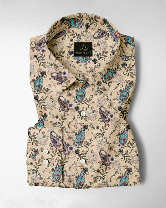 Impala Cream Cyan Blue and Tropical Peach Paisley Patterned Printed Cotton Linen Shirt