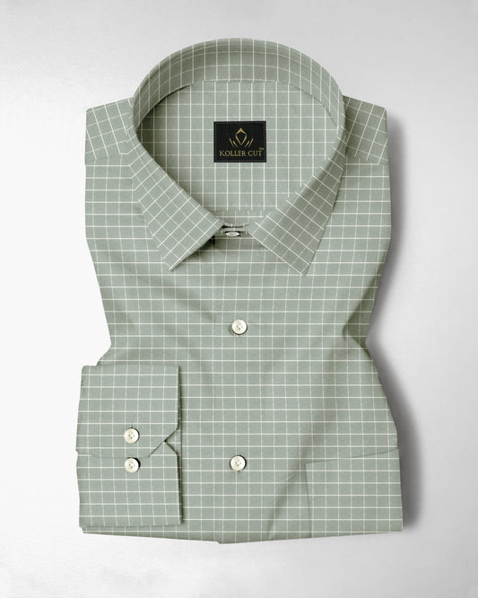 Avocado Green and Snow White Checks Cotton Shirt