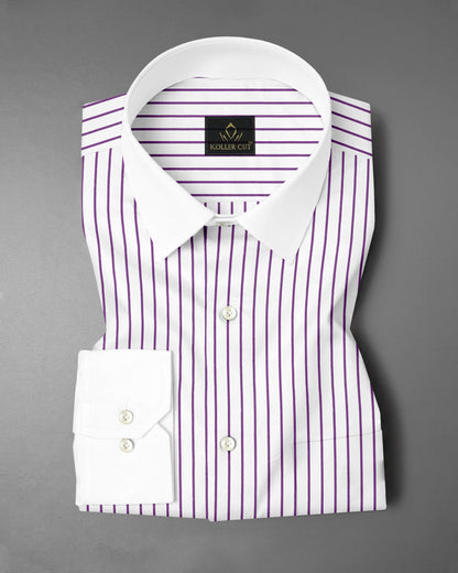 White and Dahlia Purple Stipes Designer Cotton Shirt