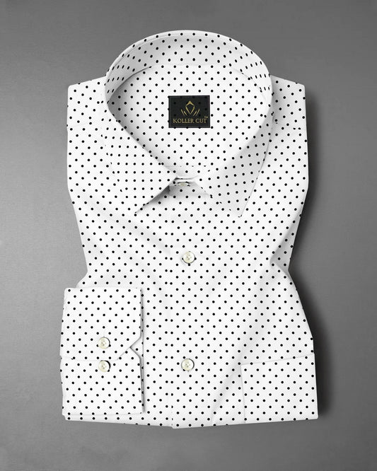 Milk White and Jet Black Polka Dots Printed Cotton Shirt