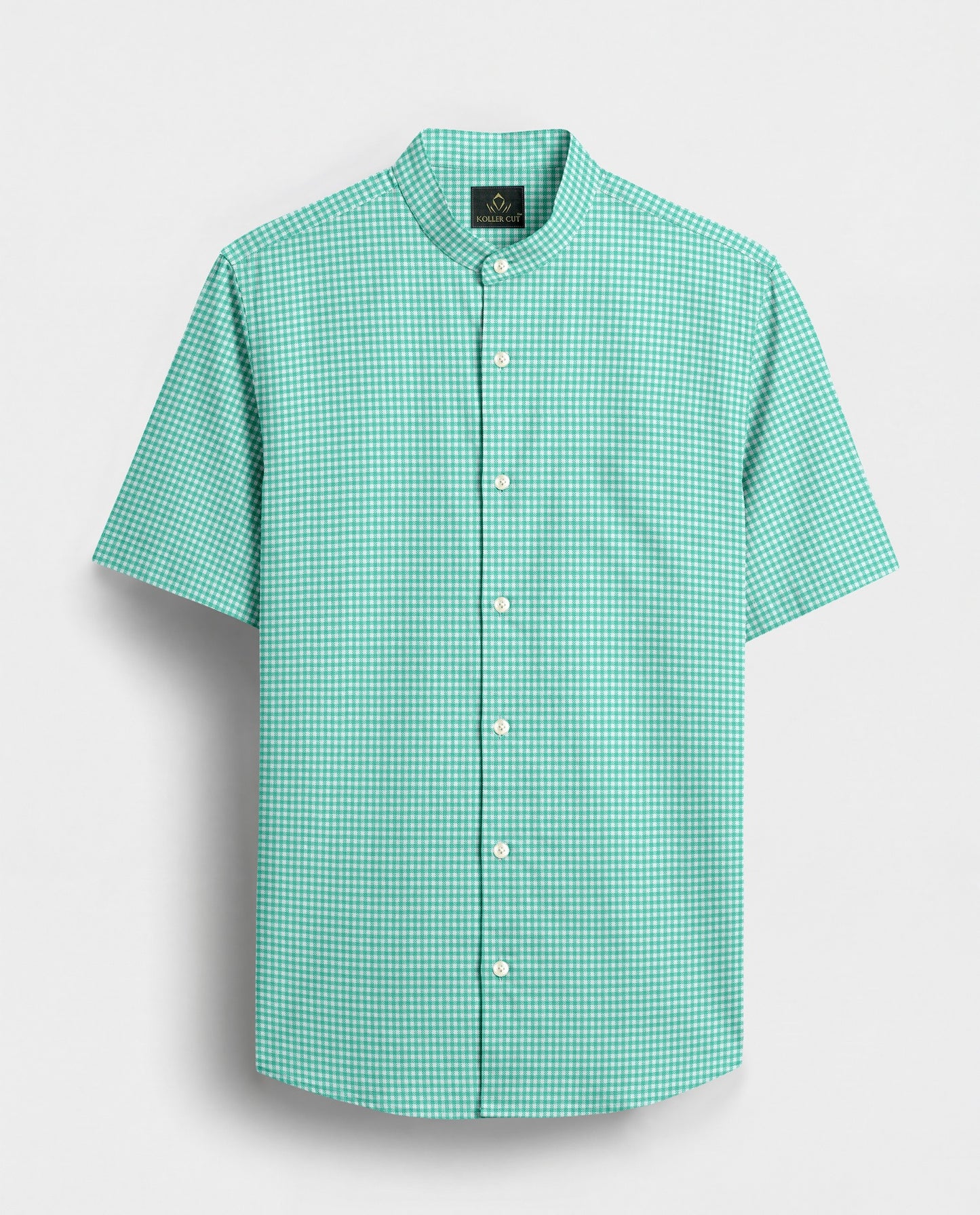 White and Aruba Blue Gingham Checks Mandarin collar Cotton Shirt