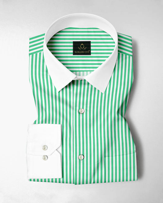 White and Zephyr Green Candy Stripes Designer Cotton Shirt