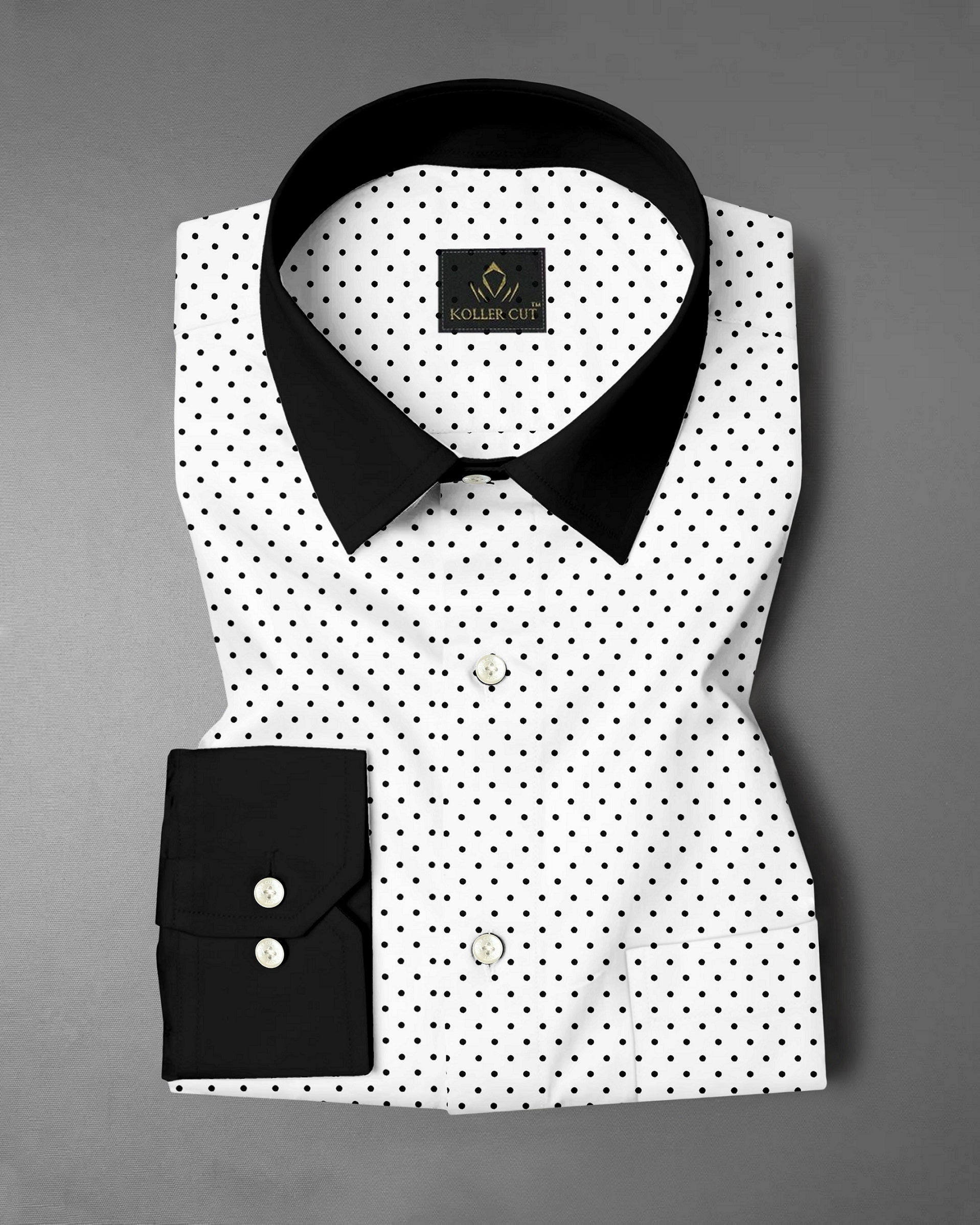 Milk White and Jet Black Polka Dots Printed Designer Cotton Shirt