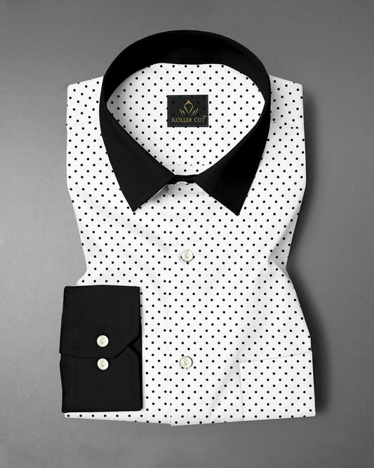 Milk White and Jet Black Polka Dots Printed Designer Cotton Shirt